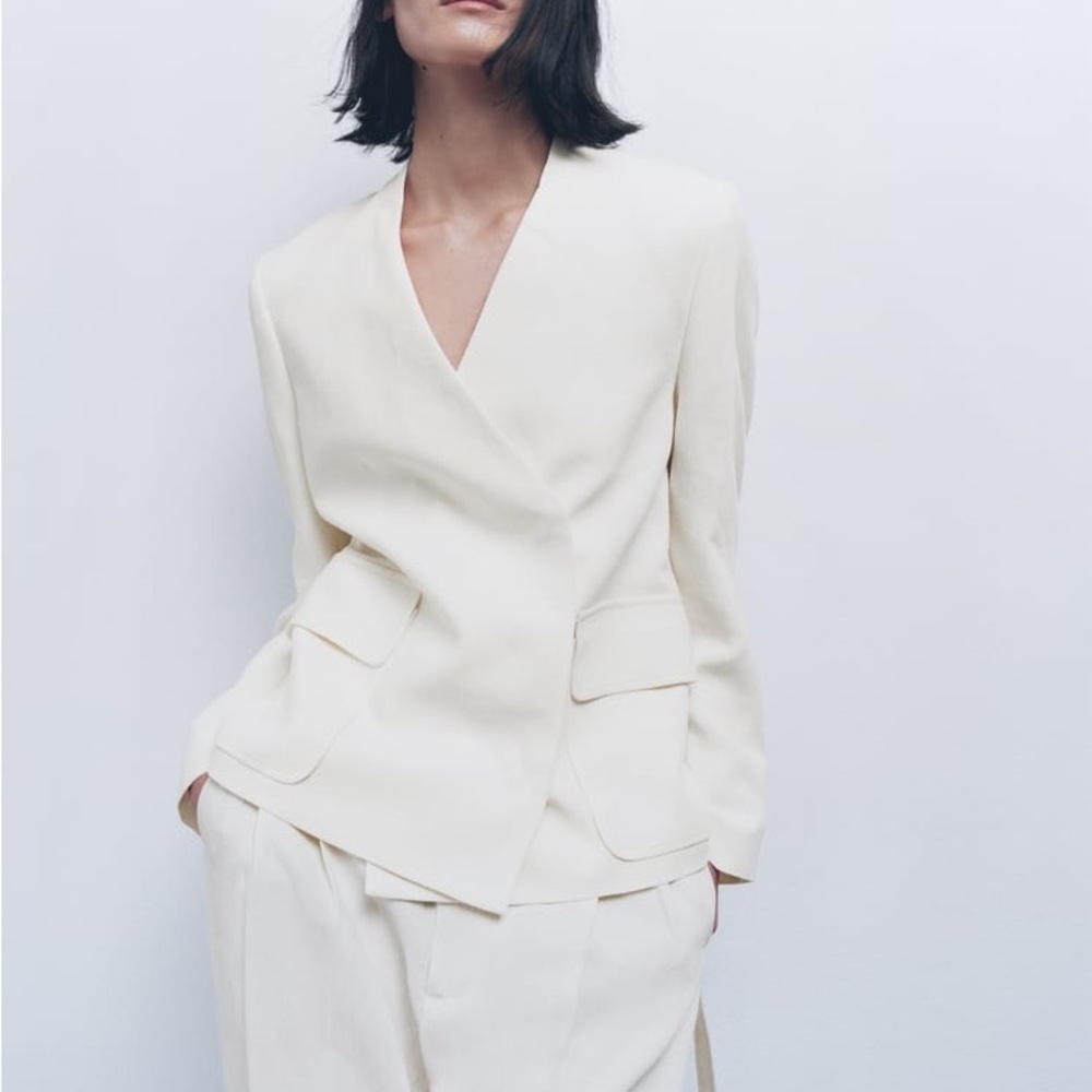 Zara nwt linen jacket blazer casual with waist tie belt - Picture 7 of 14